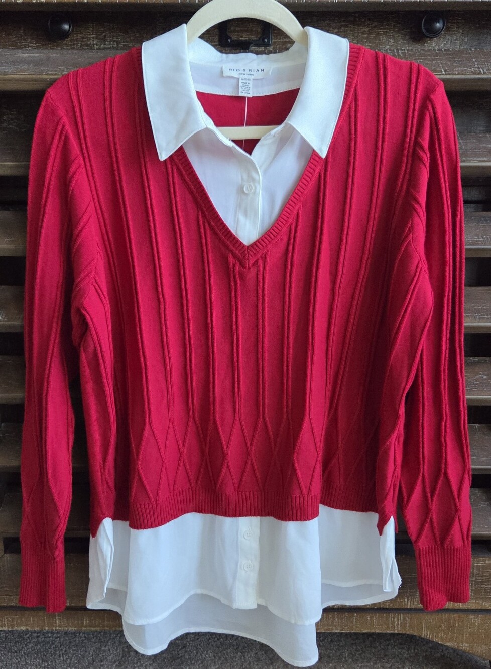 Rio & Rian Red Knit  Layered Sweater Mock Collar Shirt Tunic Top, Size XL, NWT